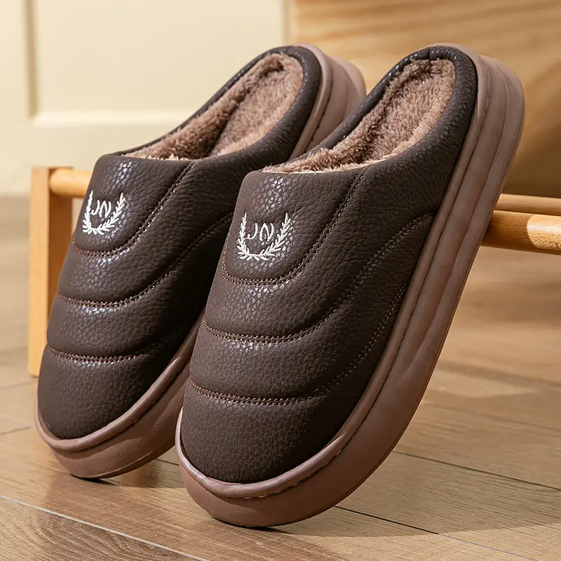 Winter Warm Cotton Slippers for Men Brown - Image 2
