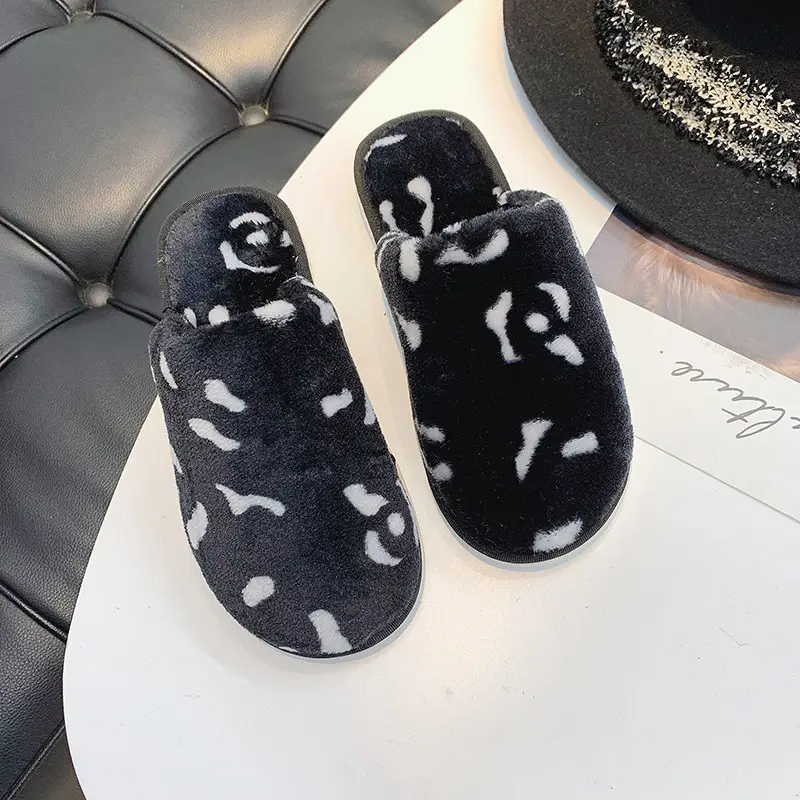 Men's Korean-Style Leopard Print Plush Thickened Warm Fashion Home Bedroom Flat Non-Slip Autumn and Winter Couple Cotton Slippers - Image 5