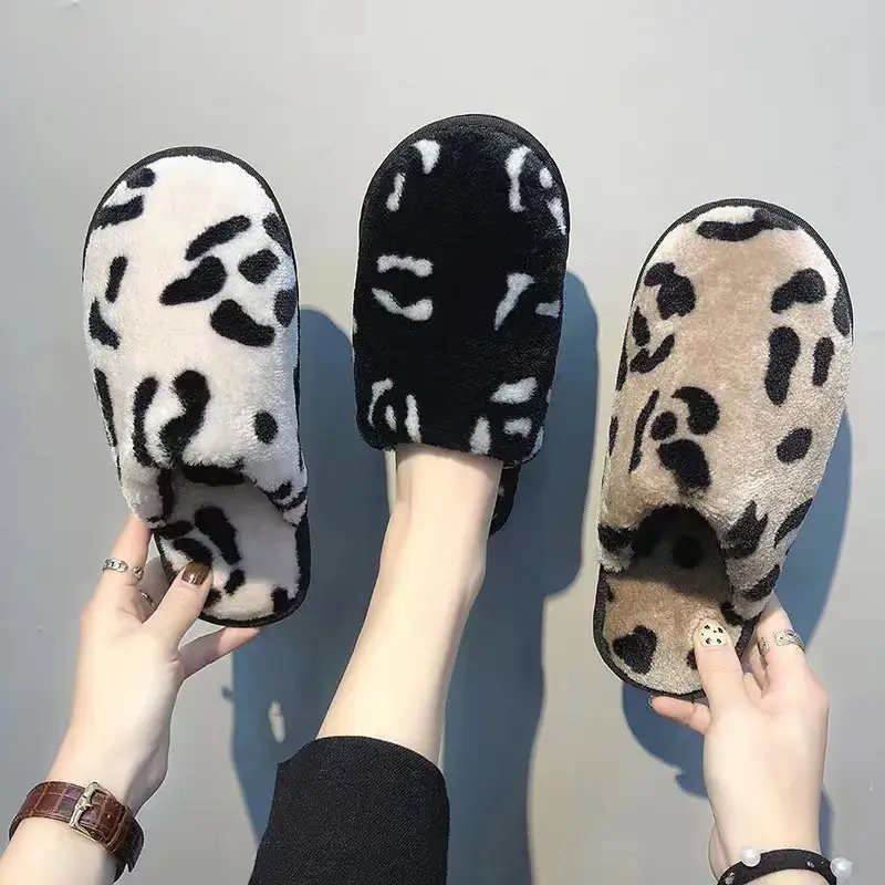 Men's Korean-Style Leopard Print Plush Thickened Warm Fashion Home Bedroom Flat Non-Slip Autumn and Winter Couple Cotton Slippers - Image 6