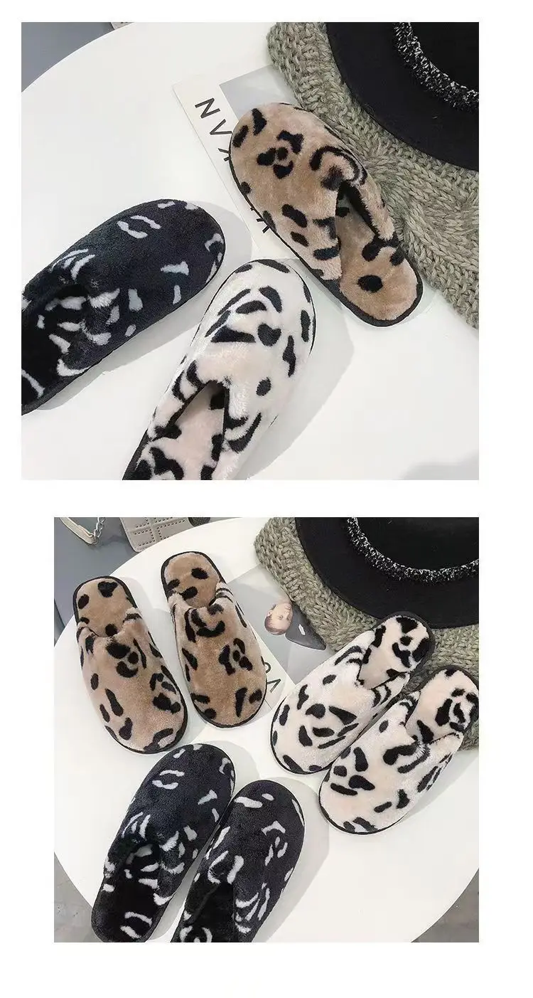 Men's Korean-Style Leopard Print Plush Thickened Warm Fashion Home Bedroom Flat Non-Slip Autumn and Winter Couple Cotton Slippers — feature 11