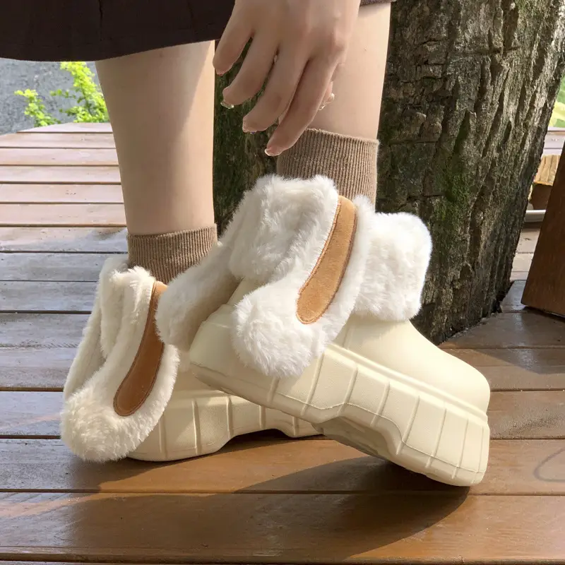 Women Fleece Lined Rain Boots Rabbit Ear Winter Slippers - Image 6