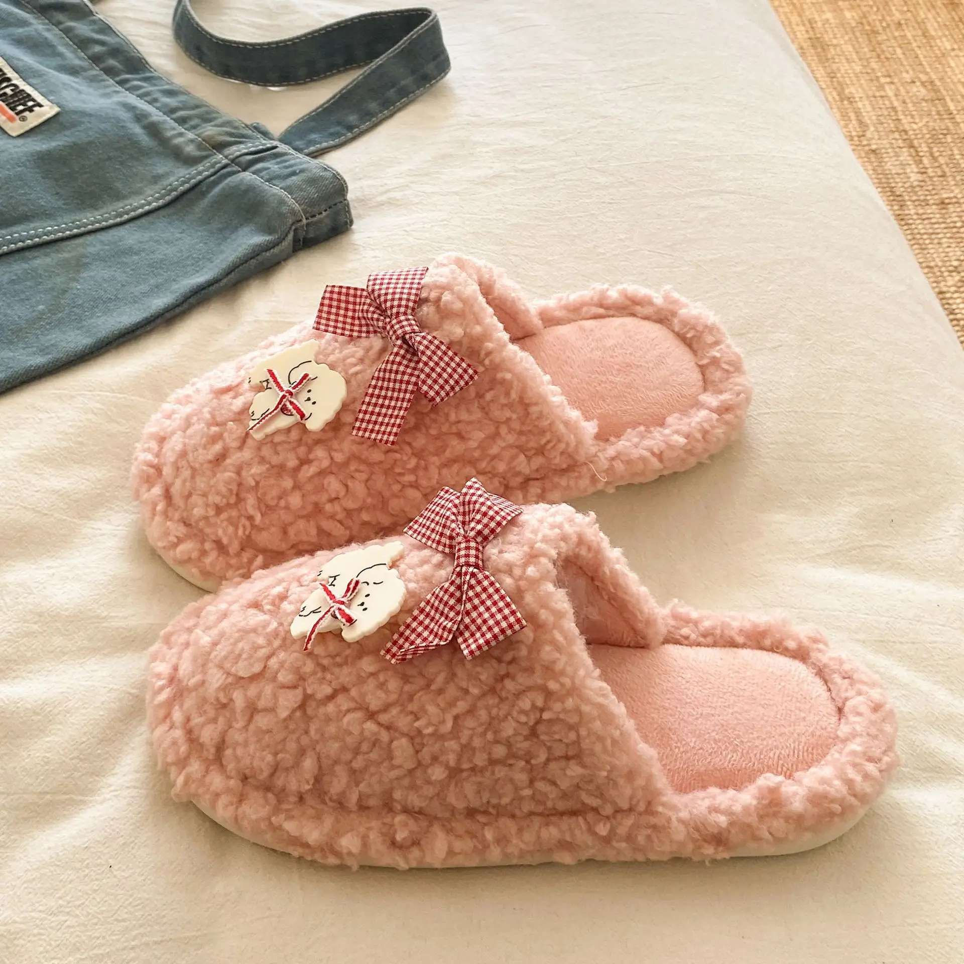 Winter Cartoon Bow Plush Cotton Slippers for Women - Image 6