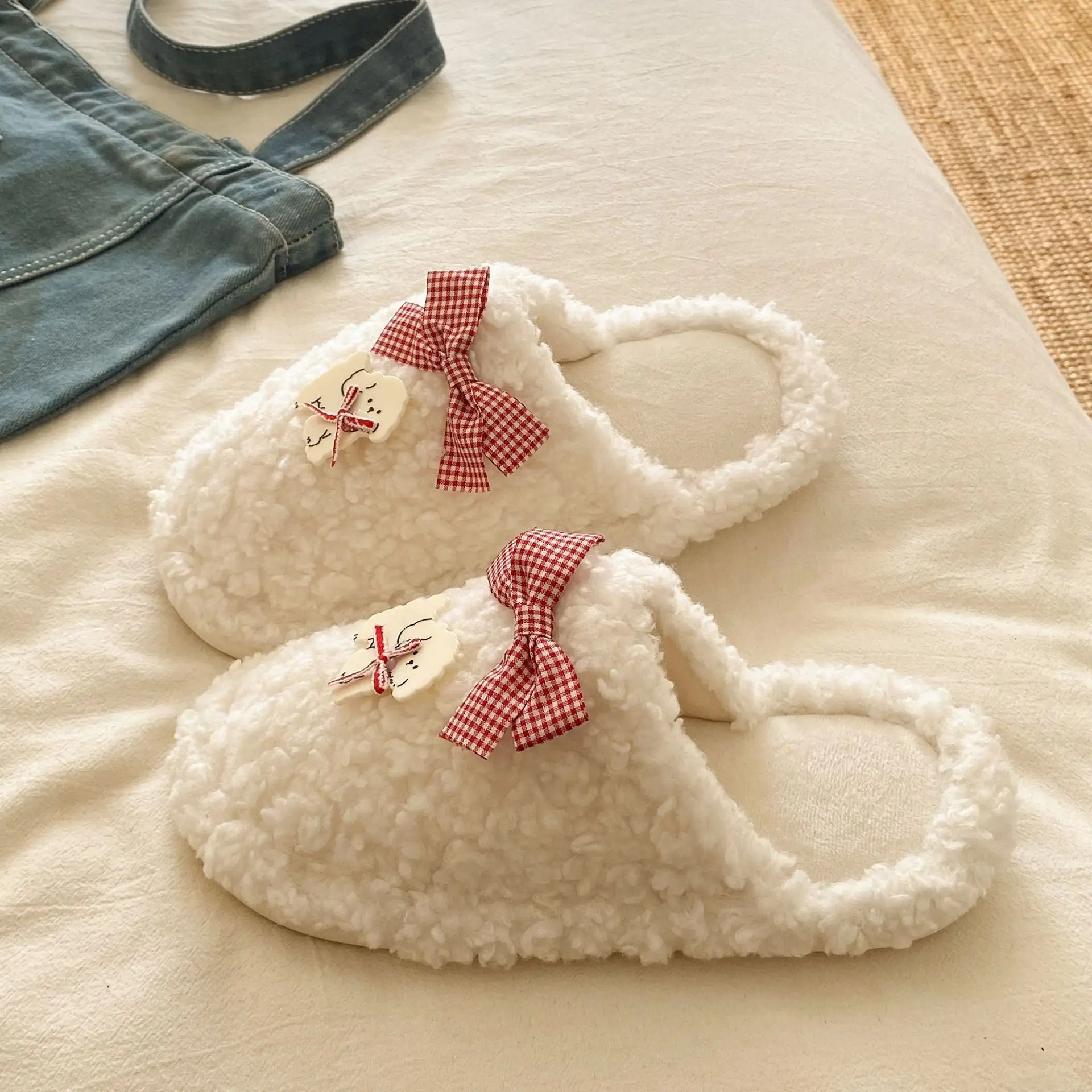 Winter Cartoon Bow Plush Cotton Slippers for Women - Image 7