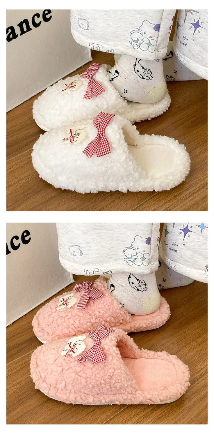 Winter Cartoon Bow Plush Cotton Slippers for Women — feature 13