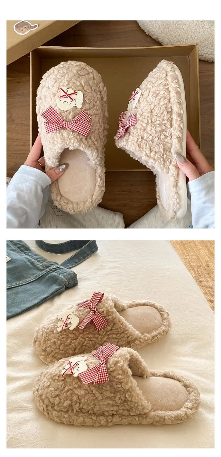 Winter Cartoon Bow Plush Cotton Slippers for Women — feature 17