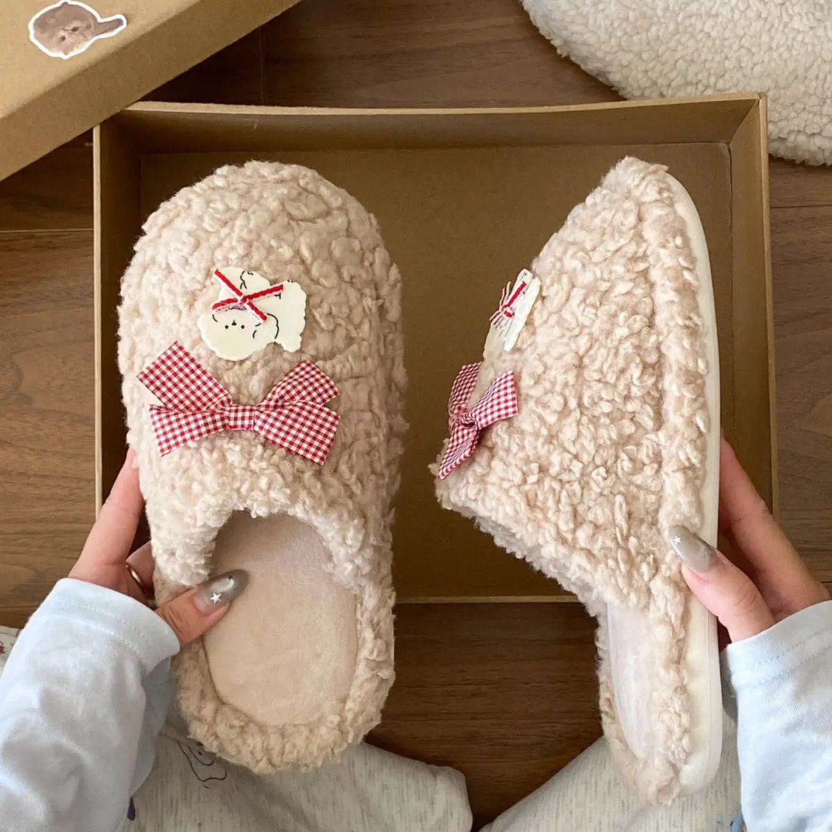Winter Cartoon Bow Plush Cotton Slippers for Women — feature 22