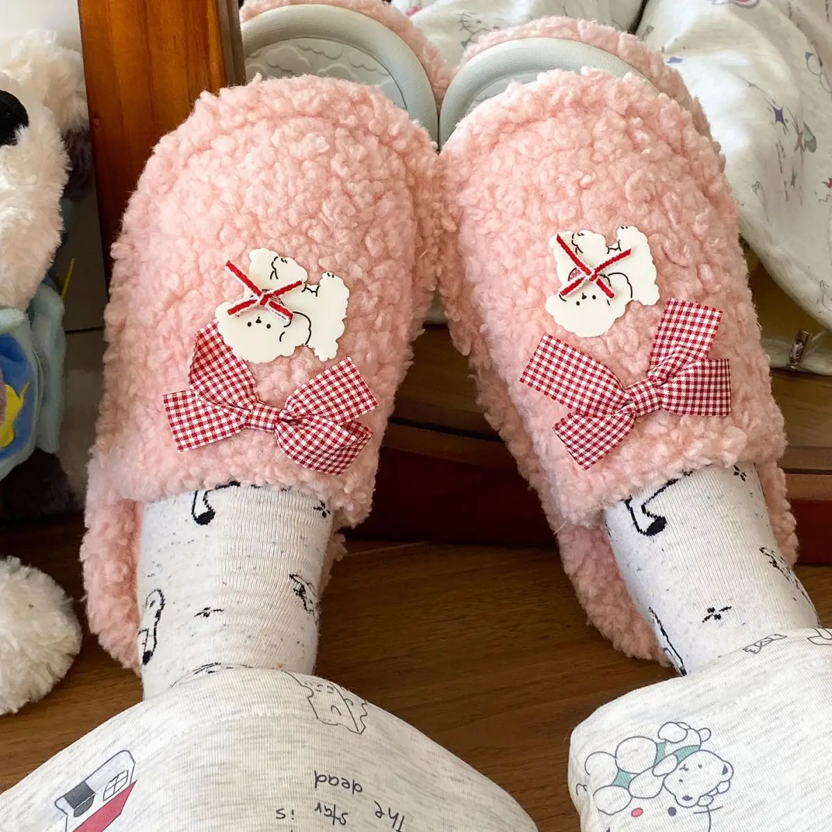 Winter Cartoon Bow Plush Cotton Slippers for Women — feature 25