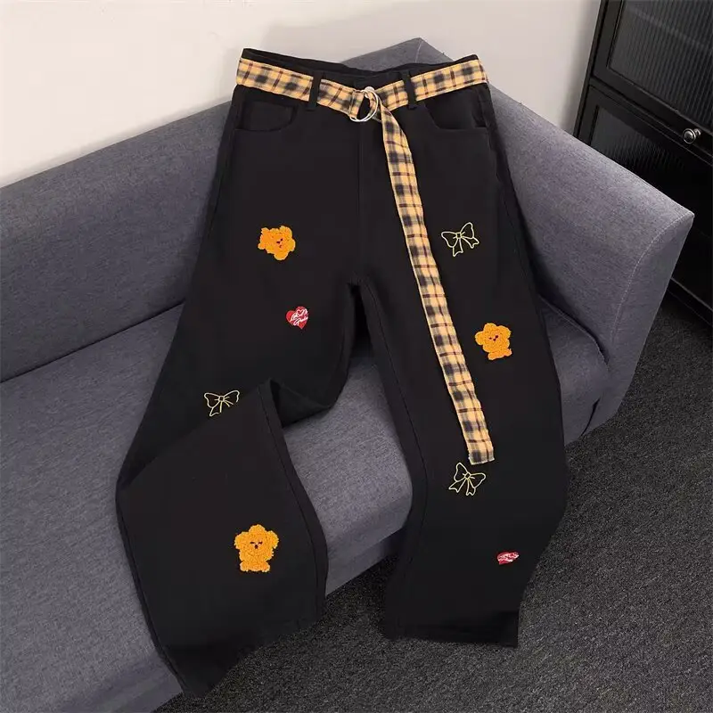 Women Black Flocked Floral Plaid Belt Wide Leg Jeans