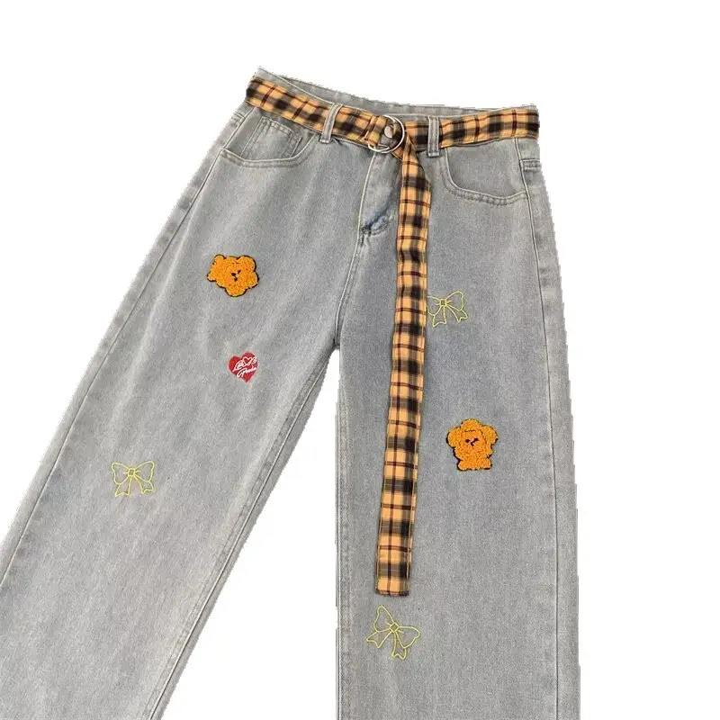 Women Black Flocked Floral Plaid Belt Wide Leg Jeans