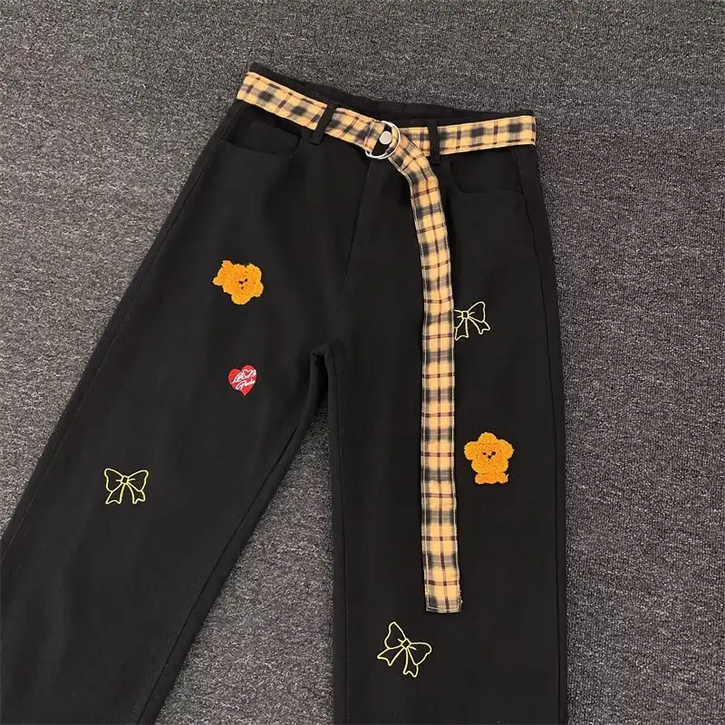 Women Black Flocked Floral Plaid Belt Wide Leg Jeans — feature 10