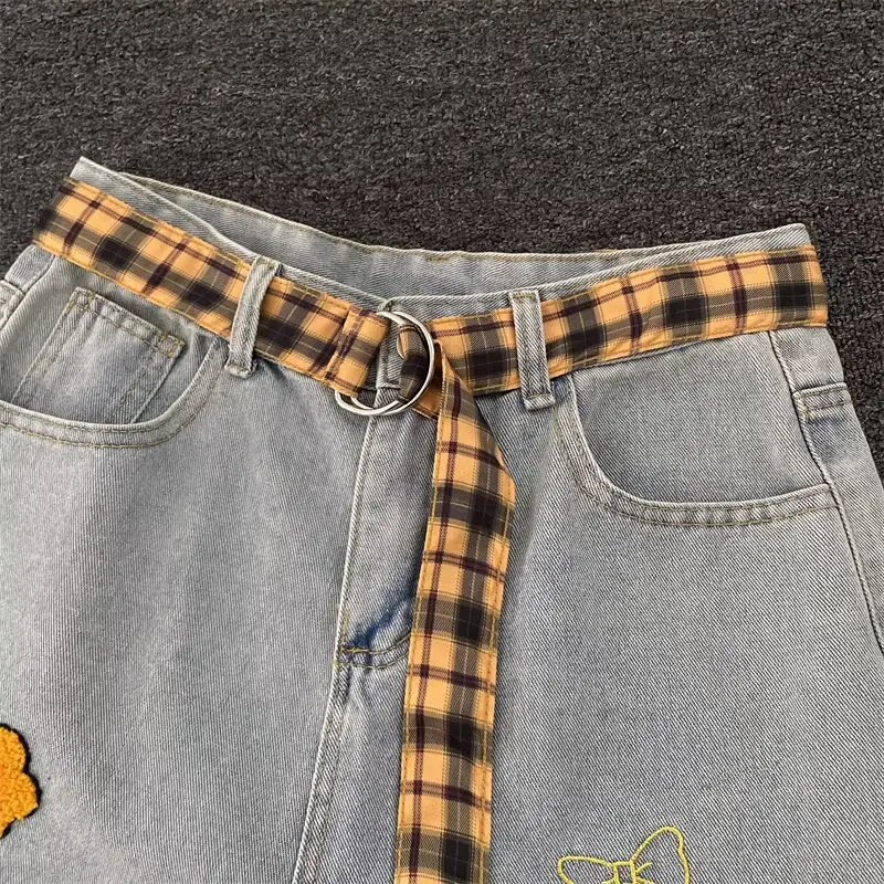 Women Black Flocked Floral Plaid Belt Wide Leg Jeans — feature 11
