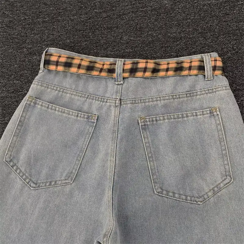 Women Black Flocked Floral Plaid Belt Wide Leg Jeans — feature 14