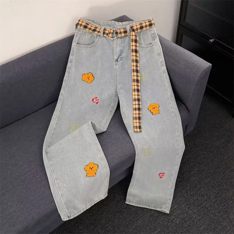 Women Black Flocked Floral Plaid Belt Wide Leg Jeans — feature 15