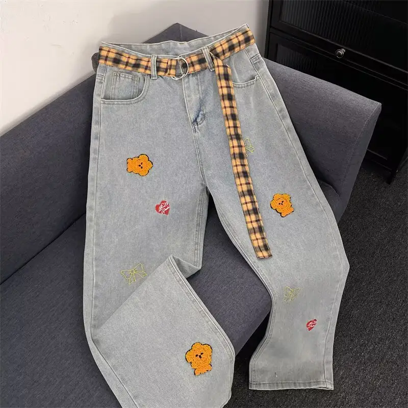 Women Black Flocked Floral Plaid Belt Wide Leg Jeans — feature 16