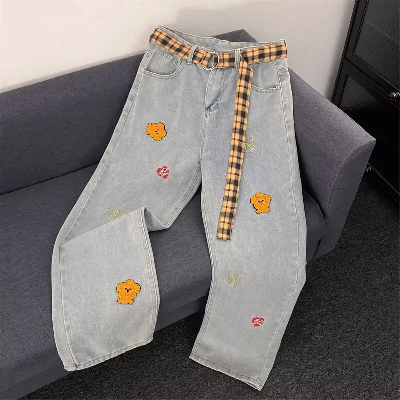 Women Black Flocked Floral Plaid Belt Wide Leg Jeans — feature 17
