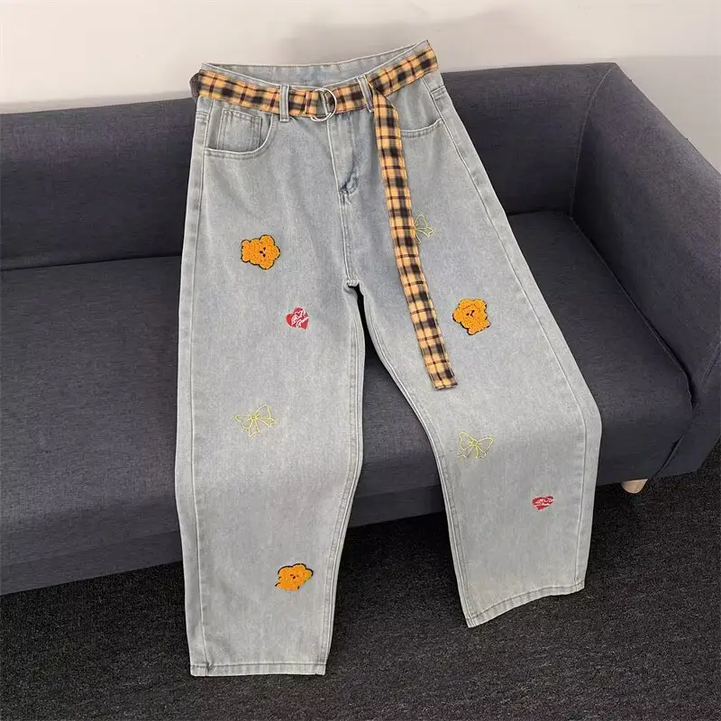 Women Black Flocked Floral Plaid Belt Wide Leg Jeans — feature 18