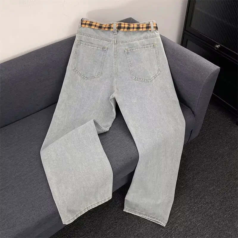 Women Black Flocked Floral Plaid Belt Wide Leg Jeans — feature 19