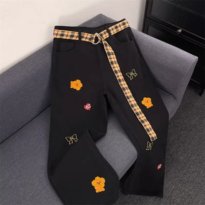 Women Black Flocked Floral Plaid Belt Wide Leg Jeans — feature 20