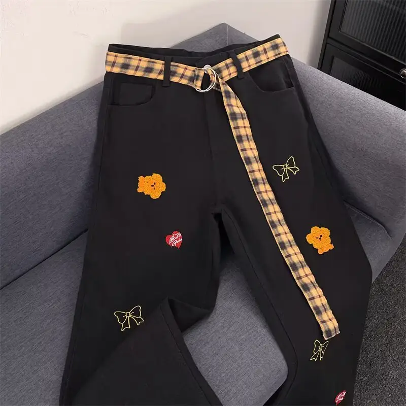 Women Black Flocked Floral Plaid Belt Wide Leg Jeans — feature 21