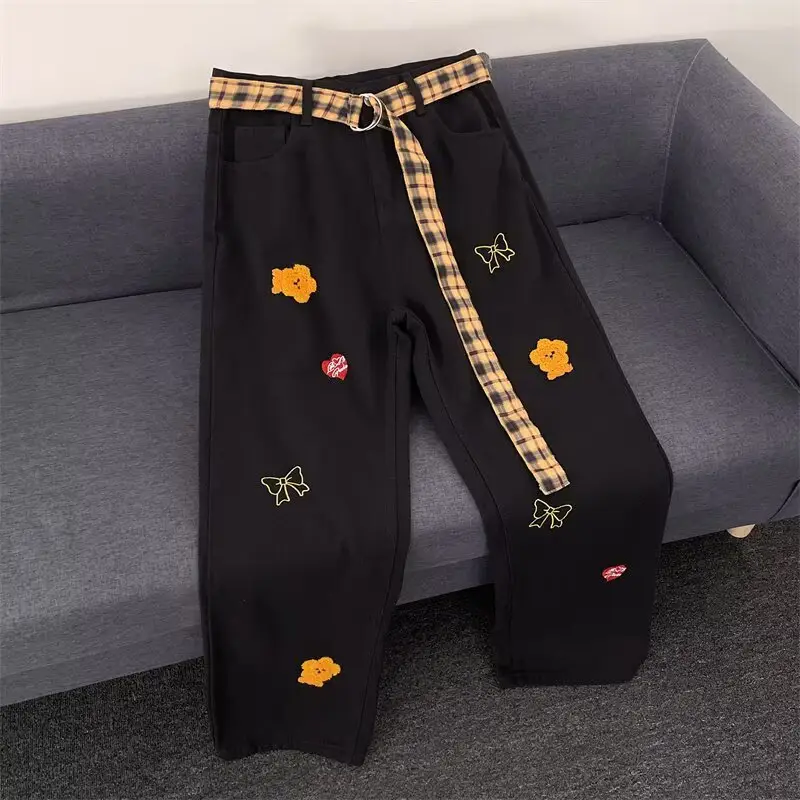 Women Black Flocked Floral Plaid Belt Wide Leg Jeans — feature 22
