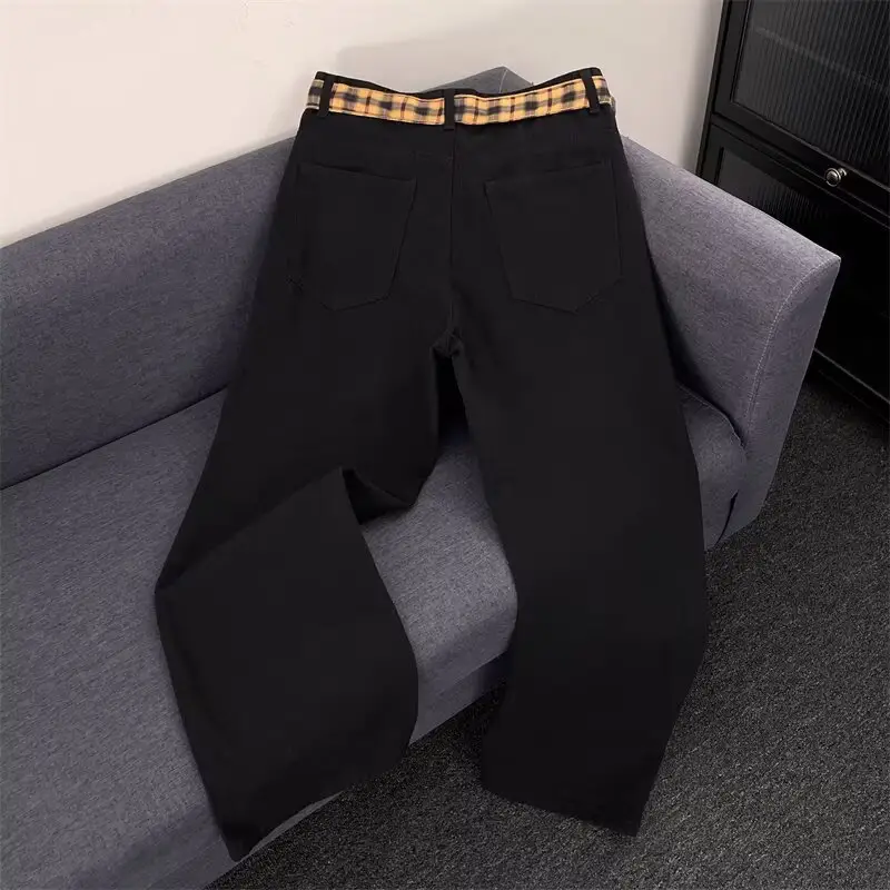 Women Black Flocked Floral Plaid Belt Wide Leg Jeans — feature 23