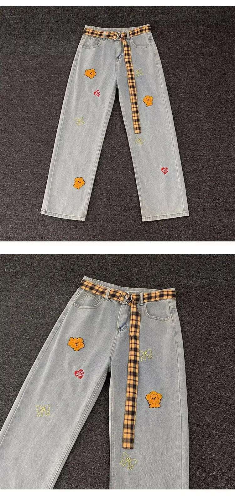 Women Black Flocked Floral Plaid Belt Wide Leg Jeans — feature 24