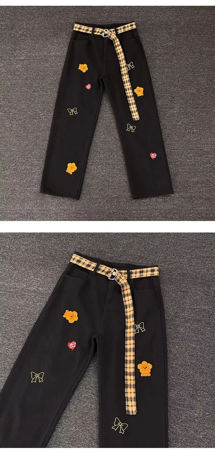 Women Black Flocked Floral Plaid Belt Wide Leg Jeans — feature 26