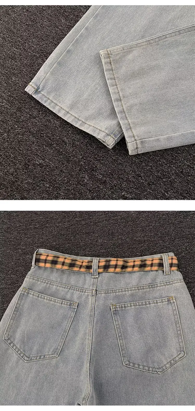 Women Black Flocked Floral Plaid Belt Wide Leg Jeans — feature 28