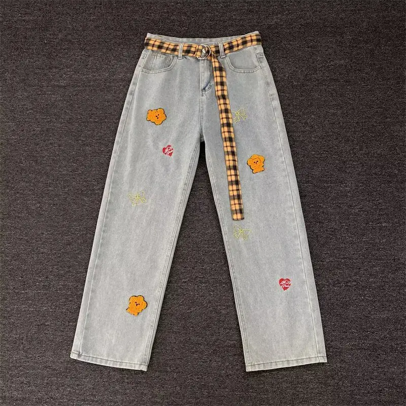 Women Black Flocked Floral Plaid Belt Wide Leg Jeans — feature 6