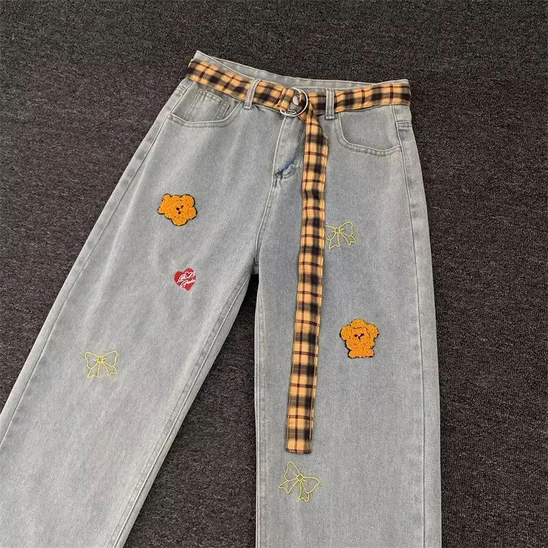 Women Black Flocked Floral Plaid Belt Wide Leg Jeans — feature 7