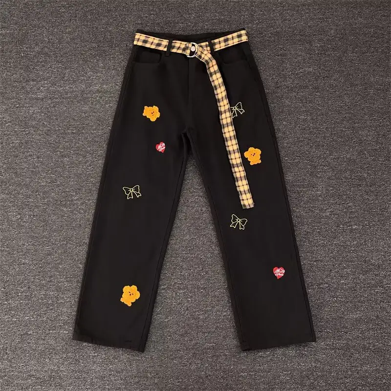 Women Black Flocked Floral Plaid Belt Wide Leg Jeans — feature 9