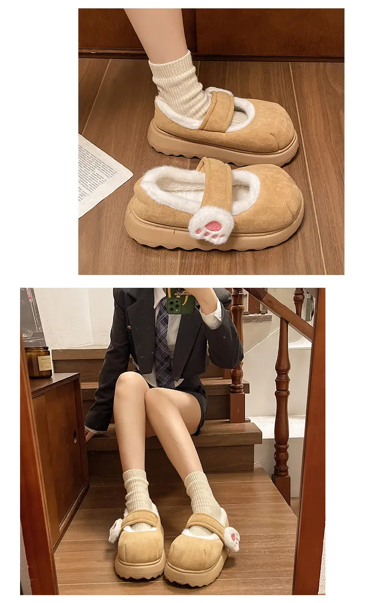 Cute Cat Paw Velcro Winter Fleece Slippers — feature 12