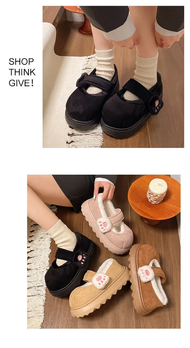 Cute Cat Paw Velcro Winter Fleece Slippers — feature 7