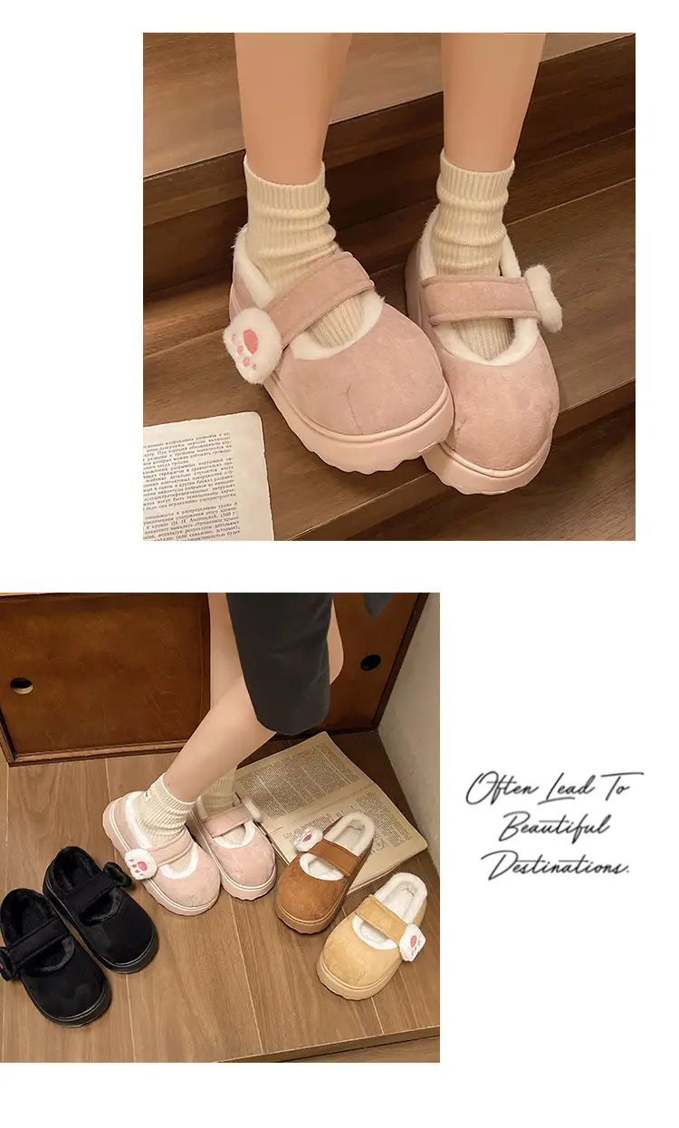 Cute Cat Paw Velcro Winter Fleece Slippers — feature 9