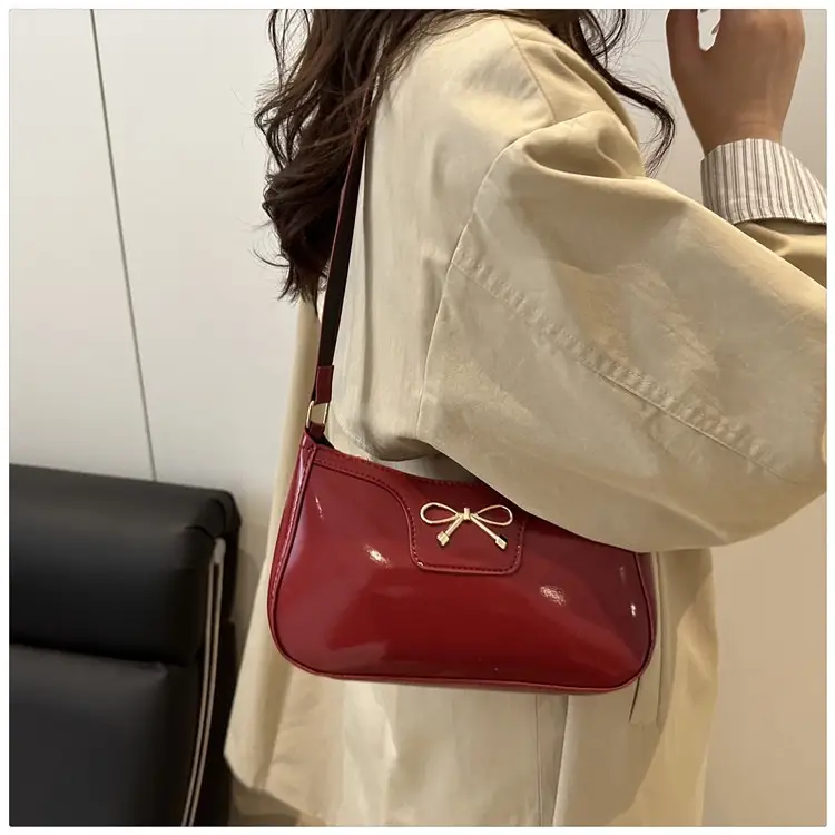 Korean Bow Shoulder Bag for Women Red Leather — feature 17