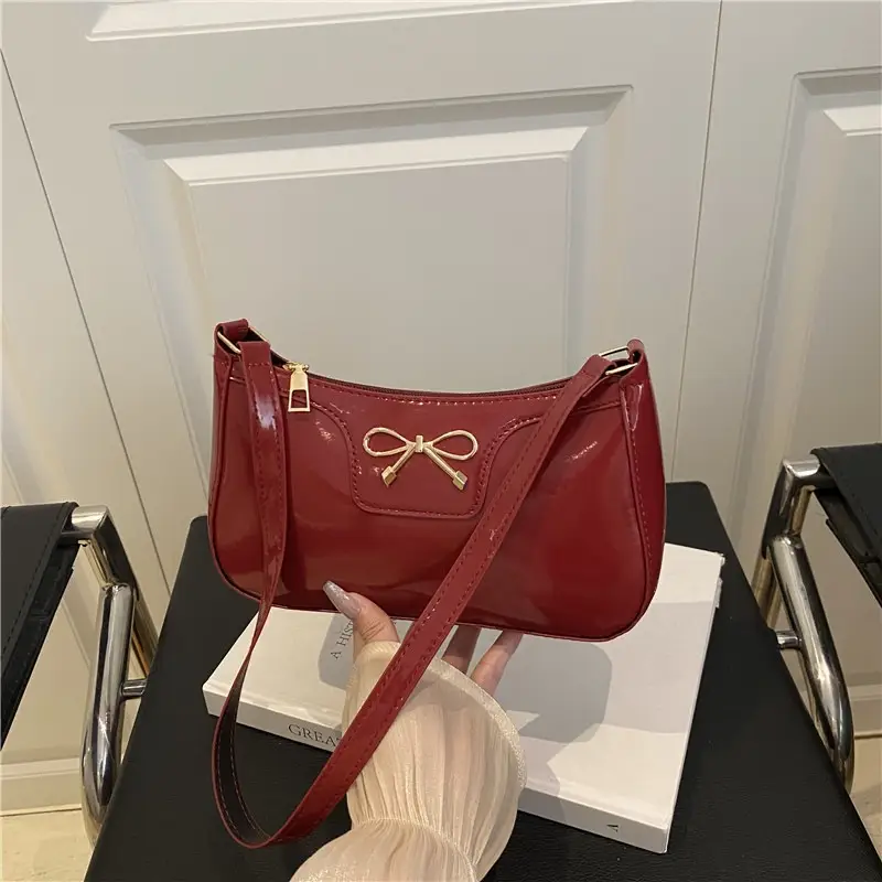 Korean Bow Shoulder Bag for Women Red Leather - Image 7