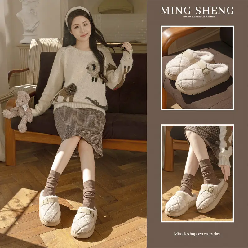 Plush Cotton Slippers, Light Luxury Plaid Women's Couple Confinement Cotton Shoes, Autumn and Winter Indoor Home Warm and Comfortable Household Use - Image 5