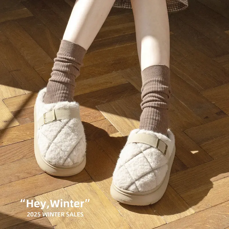 Plush Cotton Slippers, Light Luxury Plaid Women's Couple Confinement Cotton Shoes, Autumn and Winter Indoor Home Warm and Comfortable Household Use - Image 6