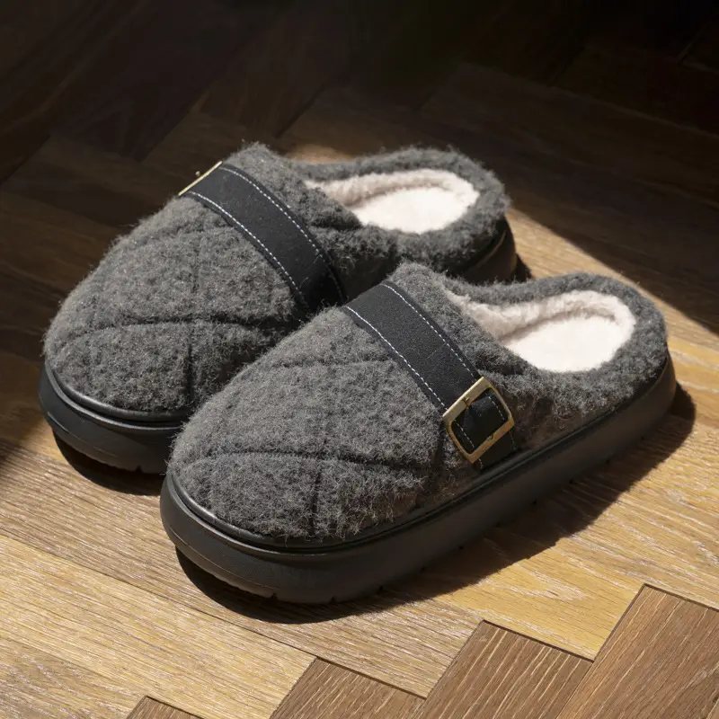 Plush Cotton Slippers, Light Luxury Plaid Women's Couple Confinement Cotton Shoes, Autumn and Winter Indoor Home Warm and Comfortable Household Use - Image 2