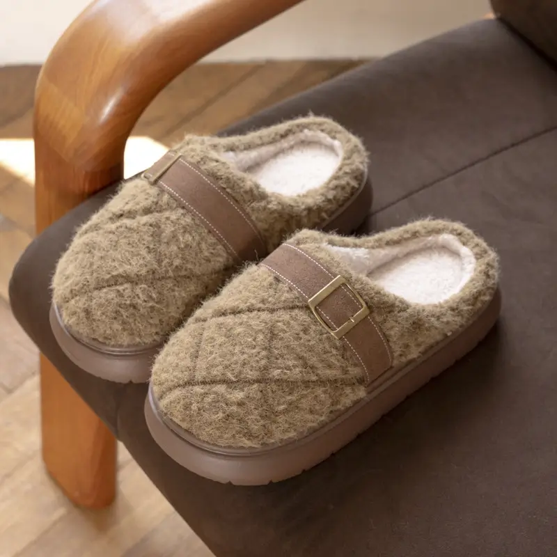 Plush Cotton Slippers, Light Luxury Plaid Women's Couple Confinement Cotton Shoes, Autumn and Winter Indoor Home Warm and Comfortable Household Use - Image 3