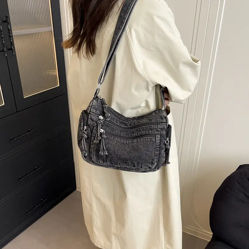 Denim Crossbody Bag for Women Multi-Zipper Commuter Phone Bag - Image 6