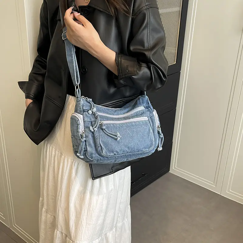 Denim Crossbody Bag for Women Multi-Zipper Commuter Phone Bag - Image 7