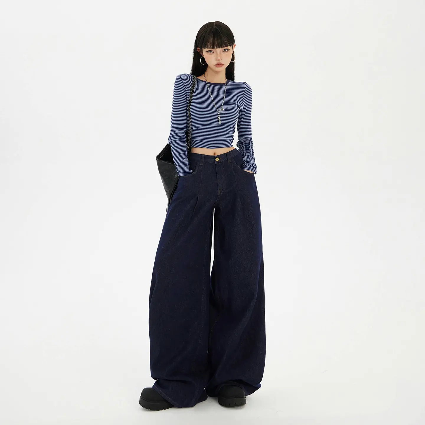 Women Wide Leg Jeans Dark Blue Slimming Drapey