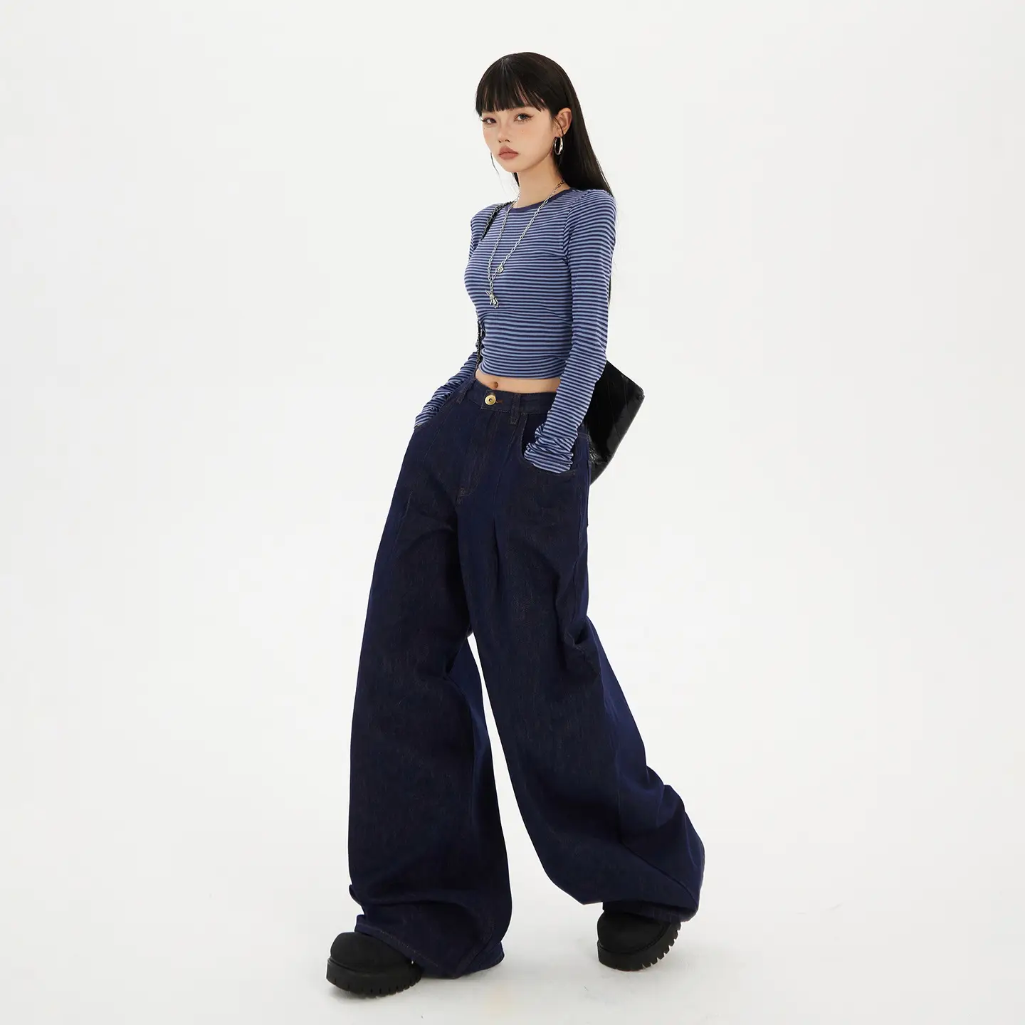 Women Wide Leg Jeans Dark Blue Slimming Drapey