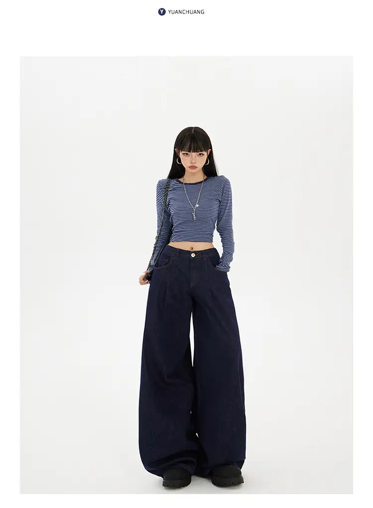 Women Wide Leg Jeans Dark Blue Slimming Drapey — feature 11