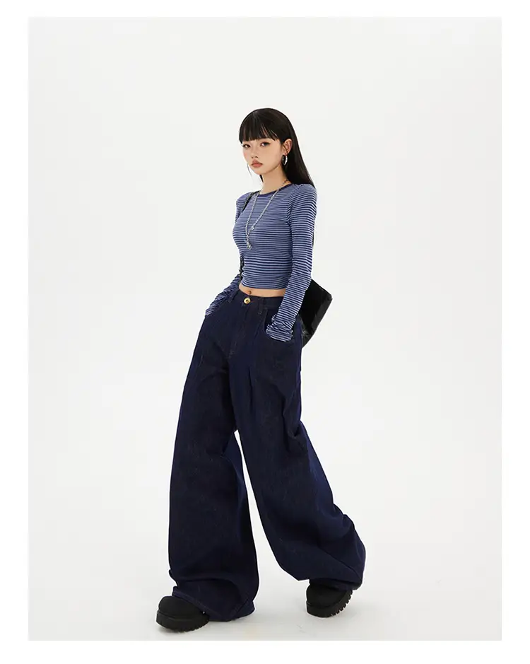 Women Wide Leg Jeans Dark Blue Slimming Drapey — feature 13