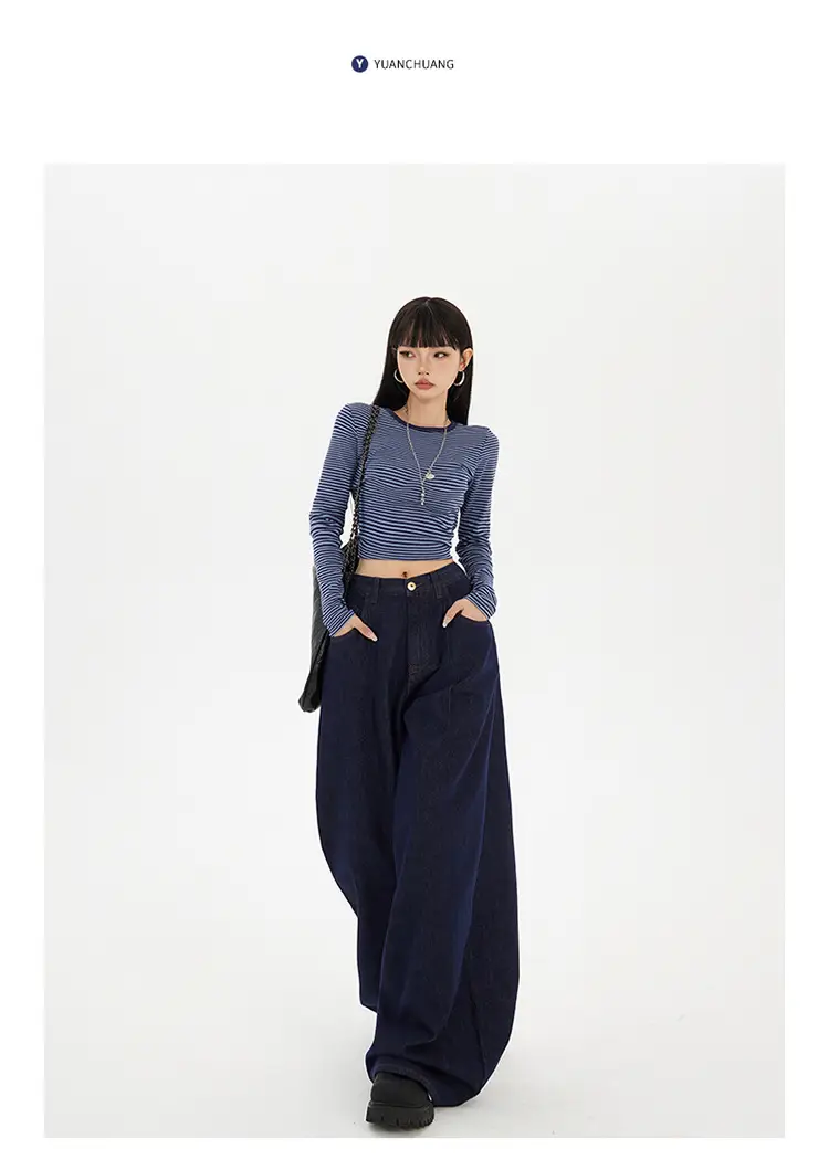 Women Wide Leg Jeans Dark Blue Slimming Drapey — feature 14