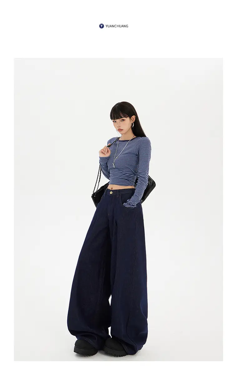 Women Wide Leg Jeans Dark Blue Slimming Drapey — feature 15