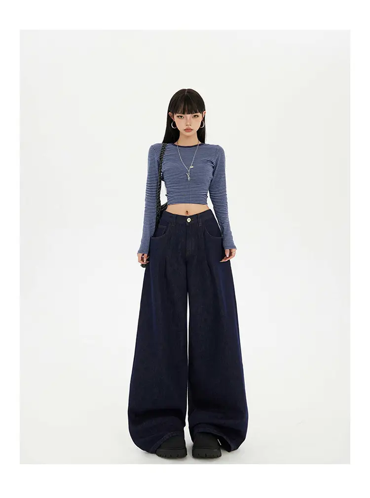 Women Wide Leg Jeans Dark Blue Slimming Drapey — feature 8