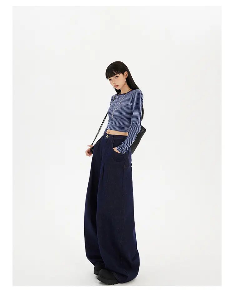 Women Wide Leg Jeans Dark Blue Slimming Drapey — feature 9